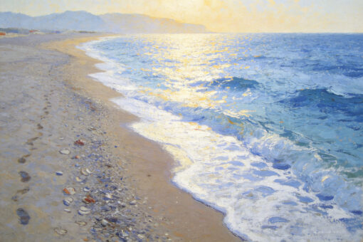 Impressionist Beach Sunset Ocean Oil Painting – “Golden Shore” – Hand-Painted Heavy Texture Seascape on Canvas