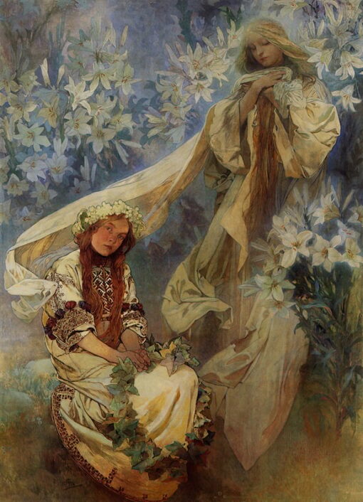 Alphonse Mucha “Madonna of the Lilies” (1905) – Hand Painted Oil Painting | Art Nouveau Religious Wall Art