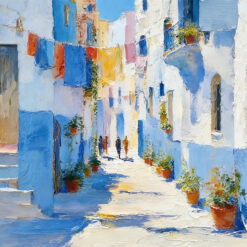 Textured blue alley oil painting on canvas with whitewashed walls, colorful laundry lines, and potted plants in sunlight