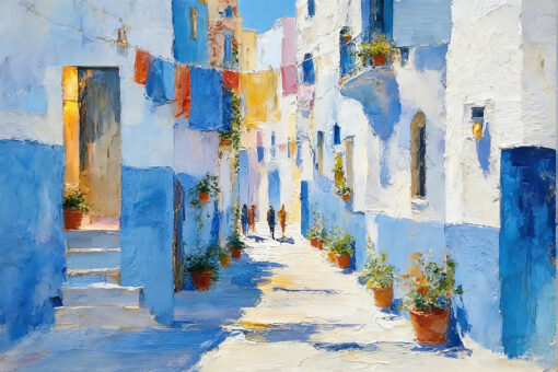 Blue Alley Oil Painting on Canvas – Textured Mediterranean Street Wall Art
