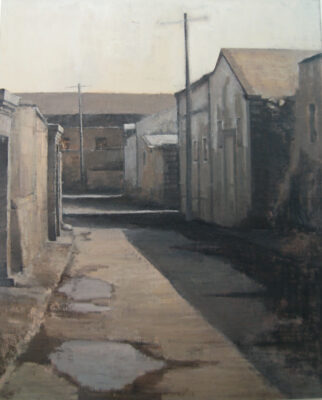 calm minimalist street oil painting for living room