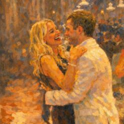 Pintura al óleo impresionista pintada a mano de una pareja bailando en una boda, iluminación cálida, arte romántico a partir de una foto.
