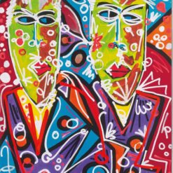 Colorful abstract portrait oil painting of two faces with neon green skin, bold red lips, and graffiti-style lines on a vibrant blue and purple background