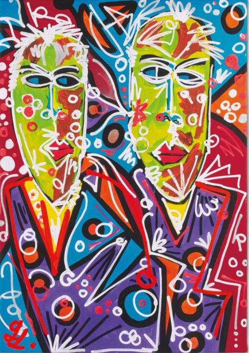 Colorful Abstract Portrait Oil Painting – Bold Modern Pop Art Couple Canvas (Hand-Painted)