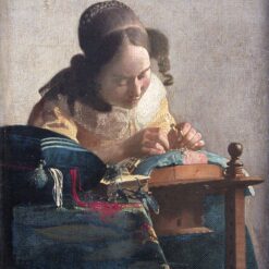 Oil painting reproduction of The Lacemaker by Vermeer, hand-painted in Dafen Village studio, close up detail