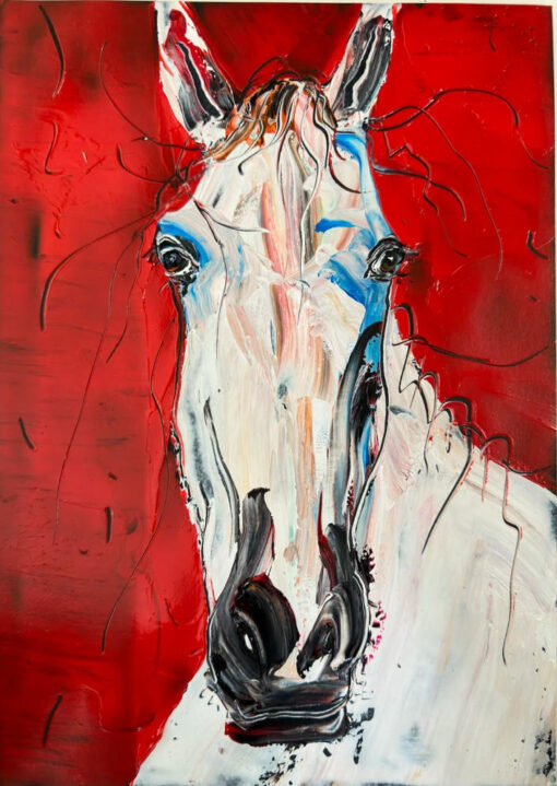 Abstract White Horse Wall Art – Red Expressionist Oil Painting Canvas Print