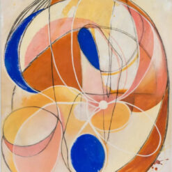 Hand-painted abstract oil painting with organic shapes and blue and orange colors
