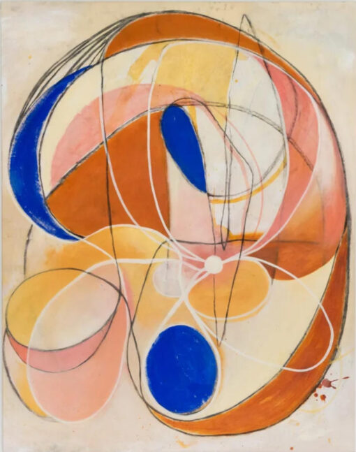 Modern Organic Abstract Oil Painting – Terracotta, Ochre & Cobalt Blue Composition