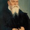Lucas Cranach the Elder style portrait oil painting of an older man with a long white beard, Renaissance museum-quality canvas art