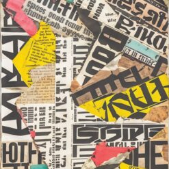 Óleo abstracto pintado a mano que asemeja un collage de papel rasgado y tipografía