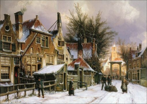 Willem Koekkoek: A Townview with Figures on a Snow Covered Street | Museum-Quality Hand-Painted Oil Reproduction