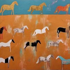 Modern Abstract "Golden Herd" Oil Painting – Vibrant Orange & Blue Equestrian Art
