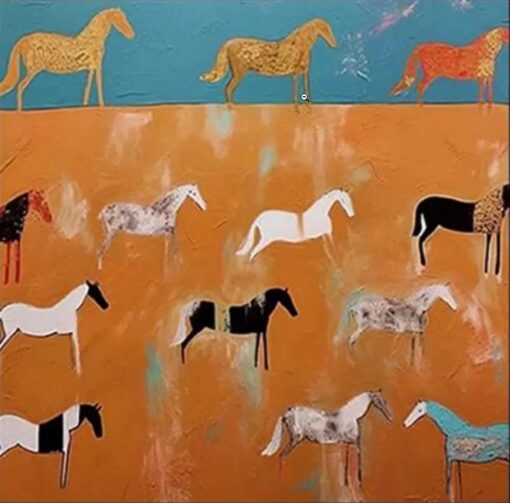 “The Golden Herd” – Modern Whimsical Horse Oil Painting