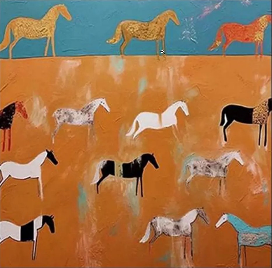 “The Golden Herd” – Modern Whimsical Horse Oil Painting