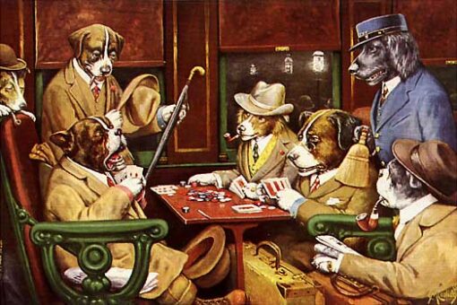 Cassius Marcellus Coolidge “His Station and Four Aces” (1903) – Hand Painted Oil Painting | Dogs Playing Poker Wall Art