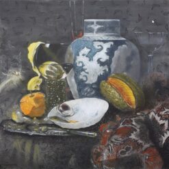 Oil painting reproduction of Willem Kalf Still Life with Ming Ginger Jar, stylized version with blue and white porcelain