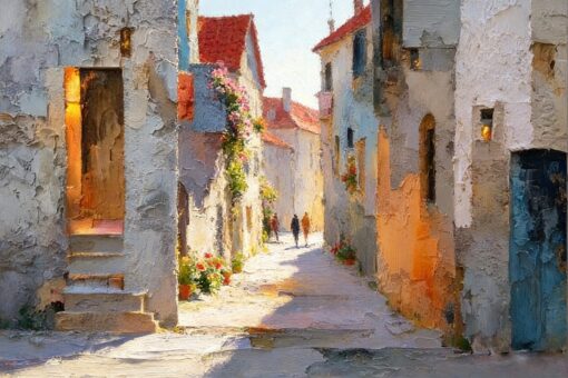 Hand-Painted Mediterranean Alley Oil Painting – Textured Impressionist Style Wall Art for Living Room, Bedroom, Office Decor | 100% Handmade Fine Art Canvas Painting