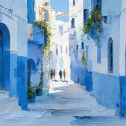 Hand-Painted Chefchaouen Blue Alley Oil Painting | Textured Impasto Wall Art