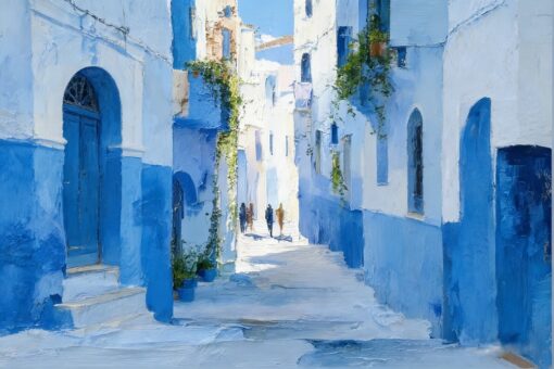 Hand-Painted Chefchaouen Blue Alley Oil Painting – Textured Impasto Wall Art for Living Room, Bedroom & Office | 100% Handmade Canvas Decor