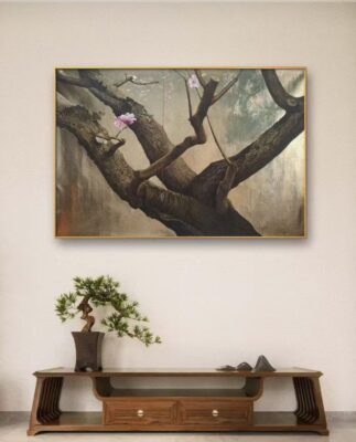 Original Hand-Painted Wall Art: Magnolia Branch & Pendulum on Gold Leaf Texture 3 Original Hand-Painted Wall Art: Magnolia Branch & Pendulum on Gold Leaf Texture oil painting by Dafen Oil Painting Village Studio