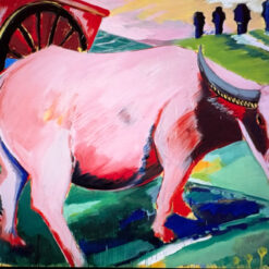 Hand-Painted Pink Buffalo Oil Painting Reproduction | Contemporary Folk Art for Modern Home Decor