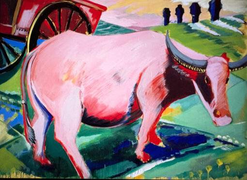 Hand-Painted Pink Buffalo Oil Painting Reproduction | Contemporary Folk Art for Modern Home Decor