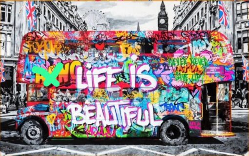 Hand-Painted Pop Art London Bus – Urban Street Style on Canvas