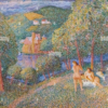 Pointillist Landscape with Bathers – Hand-Painted Oil Painting Reproduction (Neo-Impressionist Style) 1 Hand-painted pointillism landscape oil painting with bathers, river and countryside villa