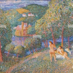 Hand-painted pointillism landscape oil painting with bathers, river and countryside villa