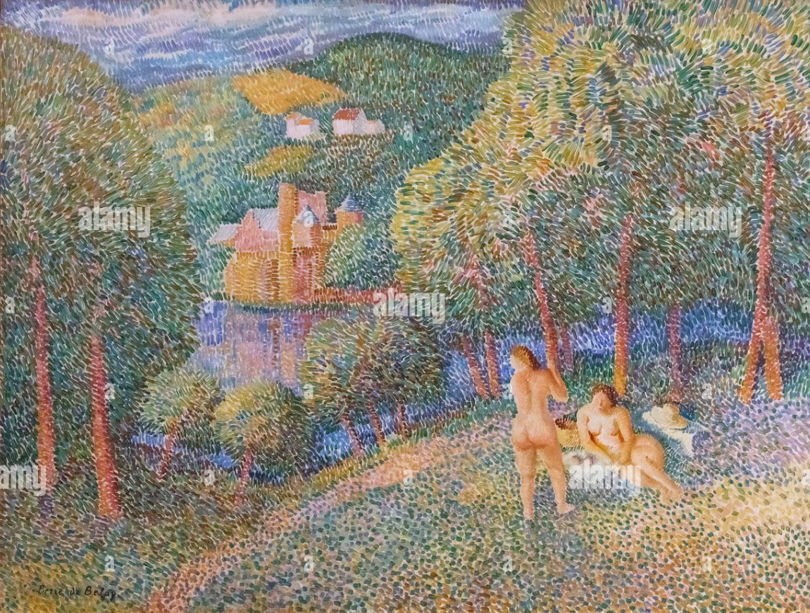Pointillist Landscape with Bathers – Hand-Painted Oil Painting Reproduction (Neo-Impressionist Style)