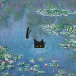 Monet's Water Lilies with a Black Cat – Hand-Painted Oil on Canvas