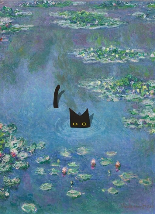 Monet’s Water Lilies with a Black Cat – Hand-Painted Oil on Canvas