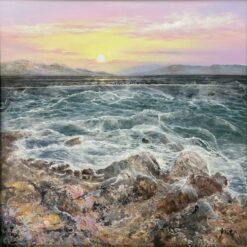 Serene Coastal Sunset Oil Painting | Hand-Painted Seascape with Rocky Shore & Crashing Waves