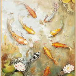 Feng Shui Koi Fish Oil Painting – Lucky Nine Koi Lotus Pond Wall Art