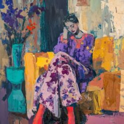 Hand-painted modern expressionist oil painting of a woman in a purple dress sitting on a yellow sofa with heavy impasto texture.