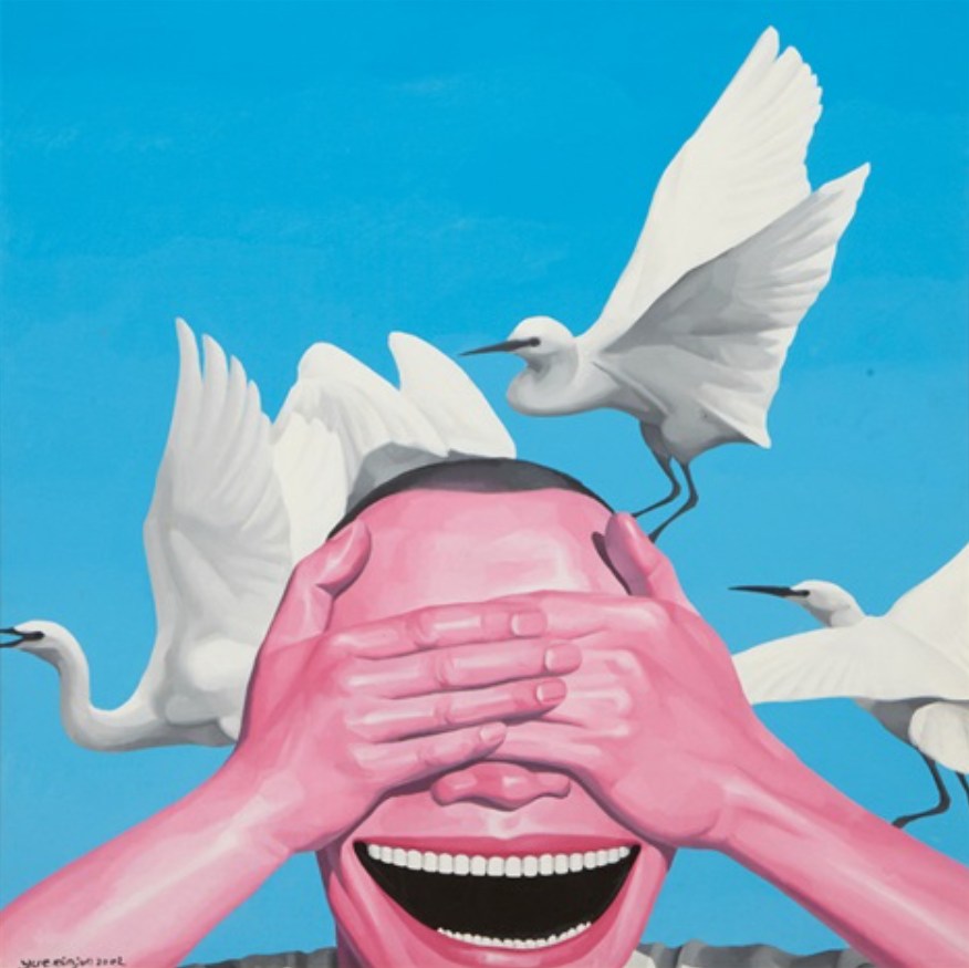 Laughing Man with White Egrets Contemporary Pop Art Oil Painting Reproduction – Dafen Village Hand-Painted Wall Decor