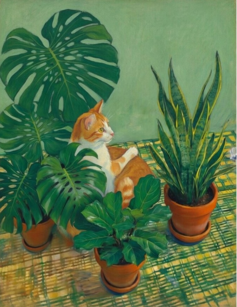 Hand-Painted Orange Cat & Green Plants Oil Painting, Modern Living Room Wall Art, Cute Cat Canvas Art for Home Decor