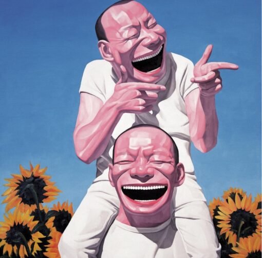 Two Laughing Men with Sunflowers Contemporary Pop Art Oil Painting Reproduction – Dafen Village Hand-Painted Wall Decor