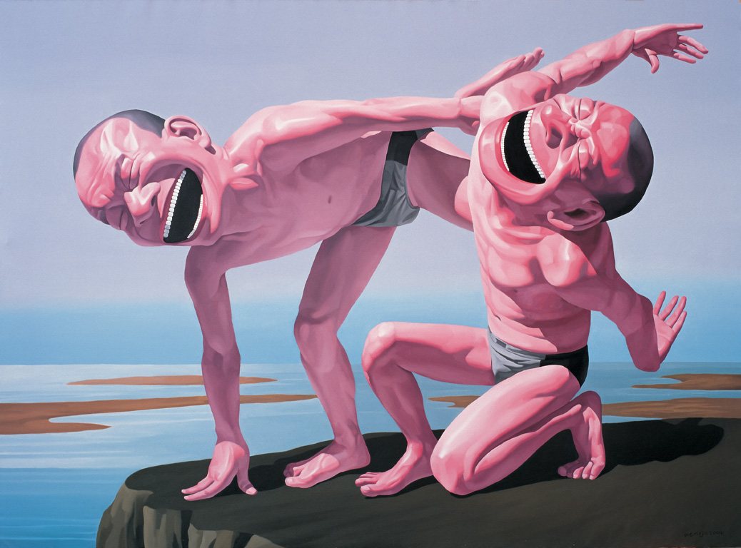 “Two Laughing Men on Cliff Contemporary Pop Art Oil Painting Reproduction – Dafen Village Hand-Painted Wall Decor”