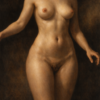 Classical Grace: Full-Length Standing Nude – Museum Quality Hand-Painted Oil on Linen 1 Museum quality hand-painted oil painting of a standing female nude in classical style on linen canvas, dark background with realistic skin tones.