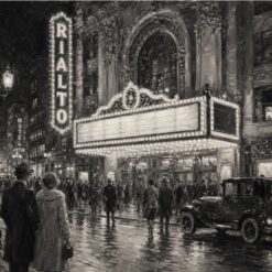 1920s New York Motion Picture Theater Night Hand-Painted Oil Painting | Vintage Silent Film Era Black & White Wall Art | Roaring Twenties Artwork for Home & Commercial Decor