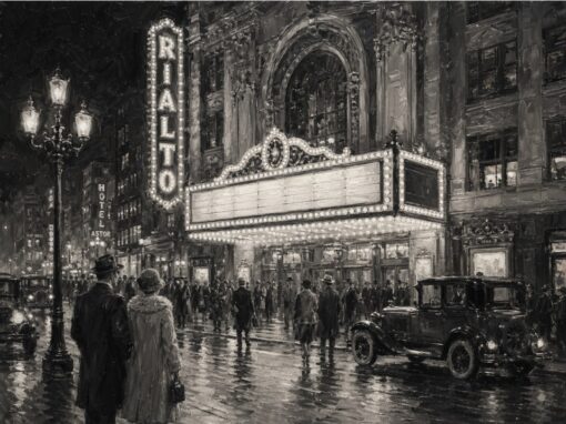 1920s New York Motion Picture Theater Night Hand-Painted Oil Painting | Vintage Silent Film Era Black & White Wall Art | Roaring Twenties Artwork for Home & Commercial Decor