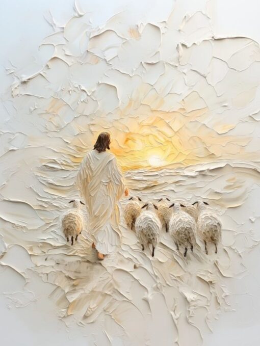 Hand-Painted Impasto Oil Painting | Jesus The Good Shepherd with Sheep, 3D Textured Christian Wall Art
