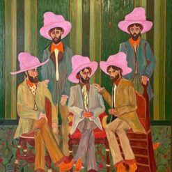 Hand-Painted Fauvist Style Group Portrait Oil Painting, Custom Pink Hats Bearded Men Canvas Art, Modern Bold Color Wall Decor for Living Room, Office, Hotel
