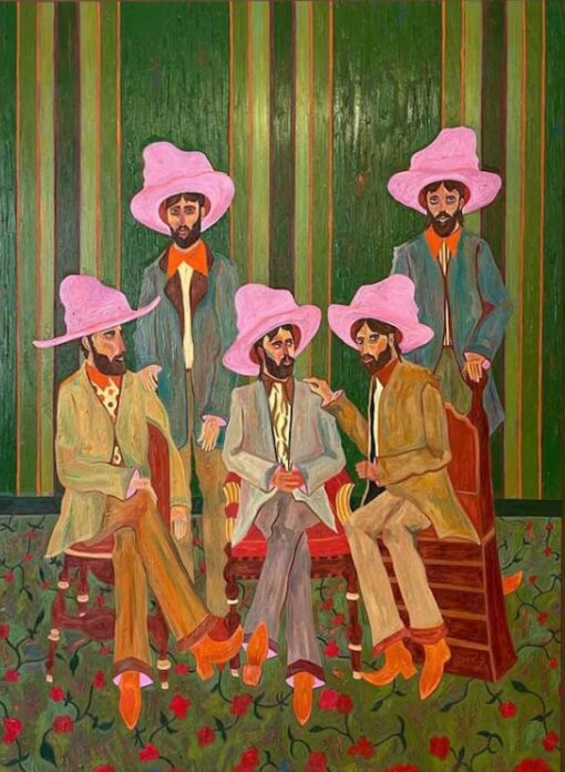 Hand-Painted Fauvist Style Group Portrait Oil Painting, Custom Pink Hats Bearded Men Canvas Art, Modern Bold Color Wall Decor for Living Room, Office, Hotel