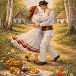 Pintado a mano romántico Folk Pareja Pintura al óleo | Campiña rústica escena de baile | Personalizable lienzo de arte de pared para la decoración del hogar