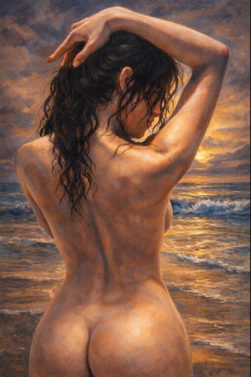 The Golden Hour – Museum-Quality Nude Figure Oil Painting on Sunset Beach (Hand-Painted by Dafen Masters)