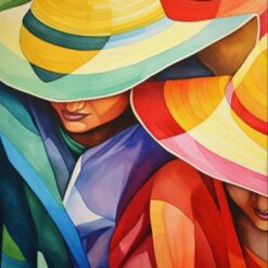 Hand-Painted Cubist Style Oil Painting - Colorful Wide-Brimmed Sombreros, Latin American Inspired Wall Art