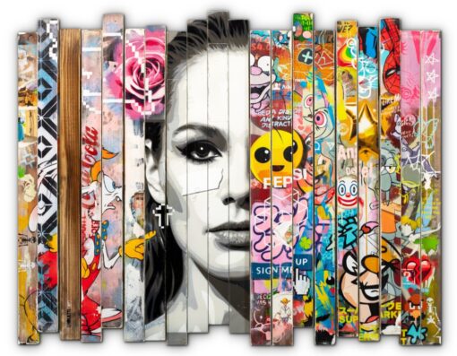 Custom Urban Pop Art Mixed Media Oil Painting – Graffiti Portrait with Cartoon Collage – Hand-Painted Modern Wall Art