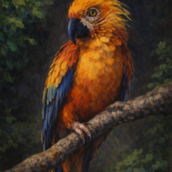 A stunning hand-painted oil painting of a vibrant golden and orange parrot perched on a branch, painted on heavy-duty pure linen canvas with dark green forest background.